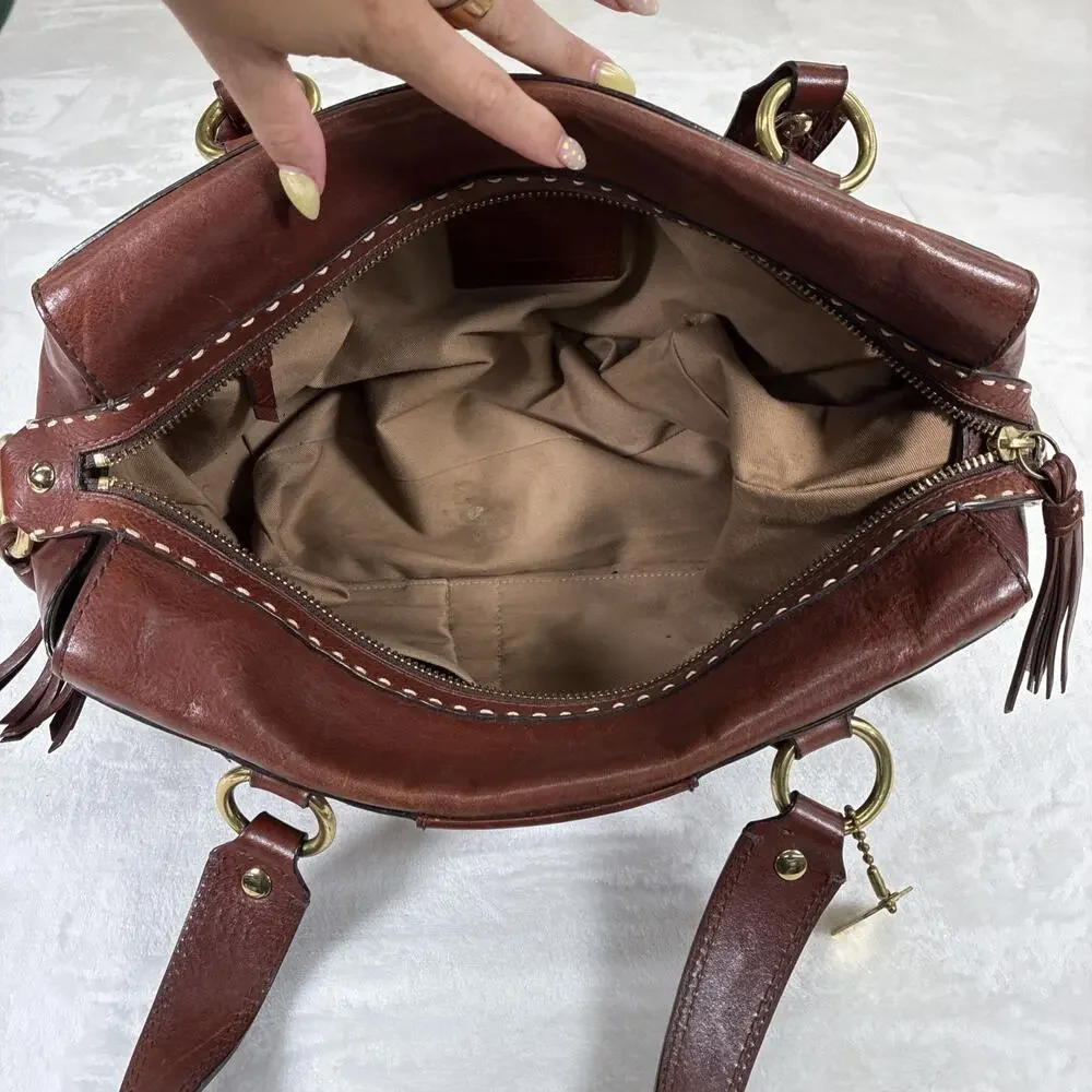 Coach Hampton Andrea Leather Satchel Women Handbag Cognac Brown Bnfts Charity - Picture 12 of 16